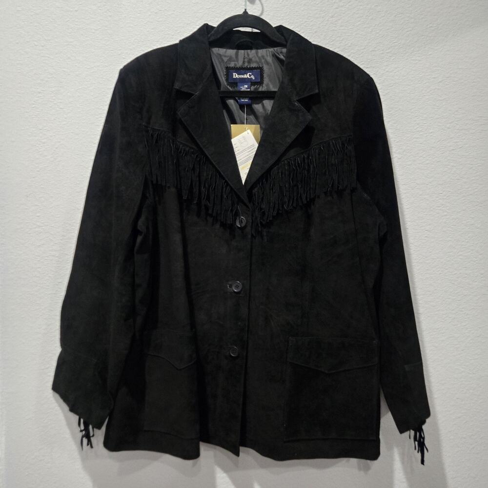 Denim Co Jacket Womens 2X Black Suede Fringes Western